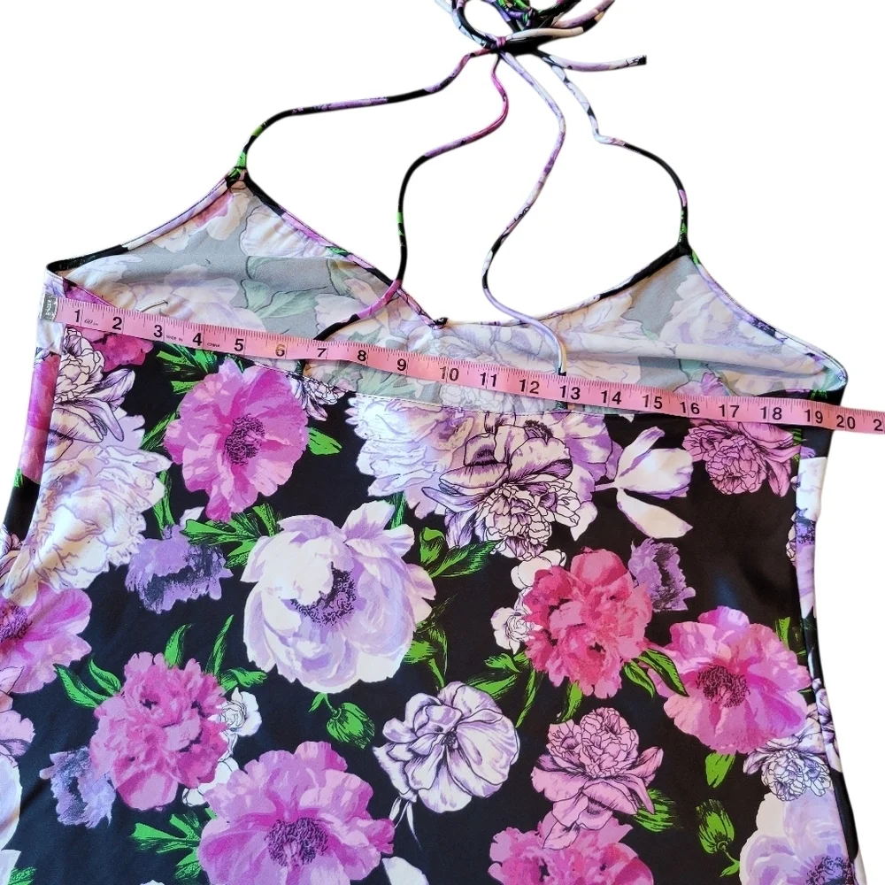 Victoria's Secret Tie Shoulders Black Pink Purple Rose Floral Satin Mini Slip